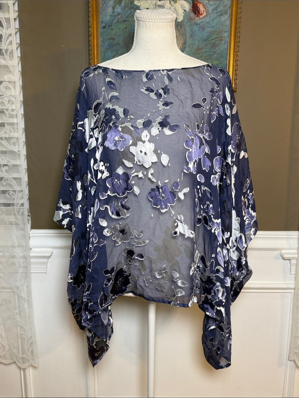 Citiknits Silk Blend Floral Poncho Top S Sheer Metallic Blue Purple NWT